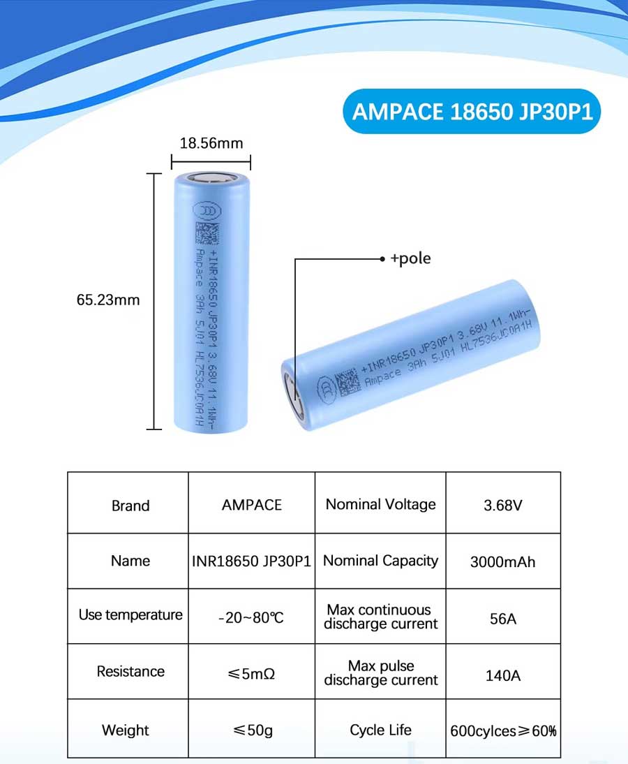 Ampace INR18650 JP30P1 56A 3000mAh